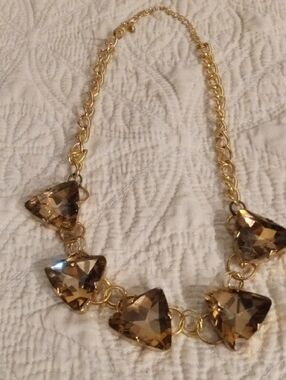 Gold Tone Necklace with Amber Triangle Crystal Drops